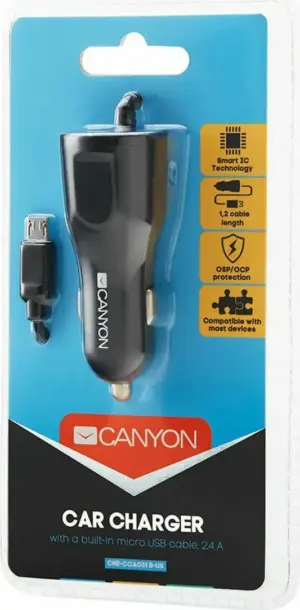 Canyon Φορτιστής Αυτοκινήτου 2.4A + μια Θύρα USB κι Ενσωματωμένο Καλώδιο Micro-USB Μαύρο C-031