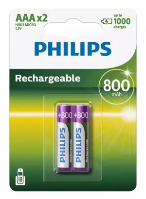 PHILIPS Επαναφορτιζόμενη Μπαταρία 800mAh AAA HR03 Micro (Συσκευασία 2 τεμ.)