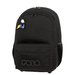 Polo Pins Σχολική Τσάντα Πλάτης Γυμνασίου - Λυκείου Μαύρη με Θήκη για Παγούρι 20lt