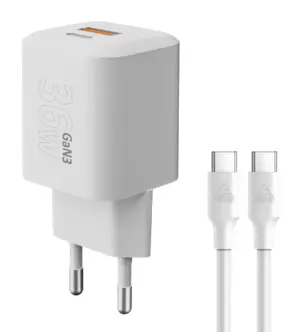 Powertech φορτιστής τοίχου με καλώδιο, USB/USB-C, 36W, GaN, λευκός