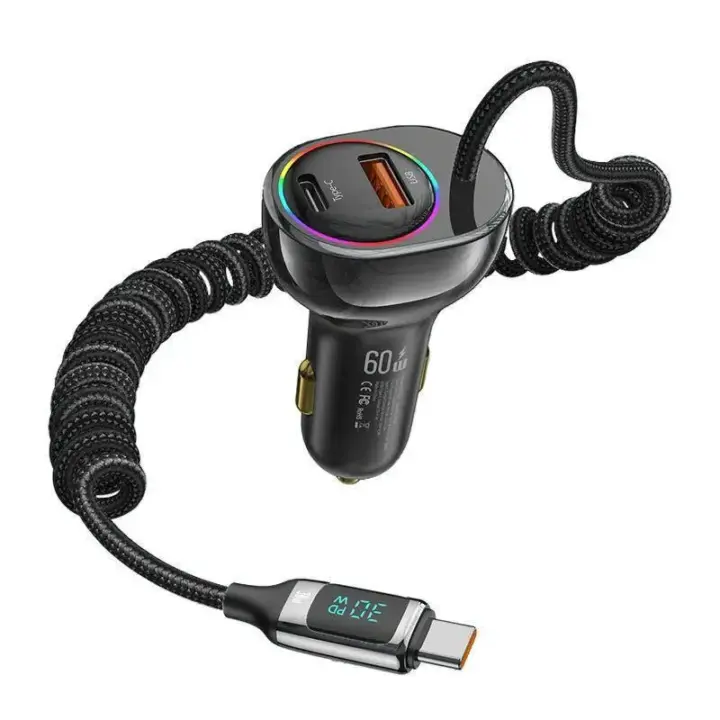 USAMS Φορτιστής Αυτοκινήτου C37 με Καλώδιο USB/USB-C 60W 1.2m Μαύρο