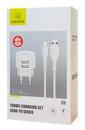 Usams φορτιστής τοίχου T20 2x USB 2.1A λευκός μαζί με καλώδιο Micro USB