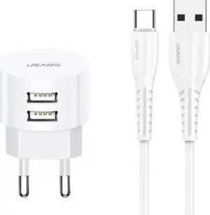 Usams φορτιστής τοίχου T20 2x USB 2.1A λευκός μαζί με καλώδιο type-C