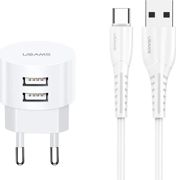 Usams φορτιστής τοίχου T20 2x USB 2.1A λευκός μαζί με καλώδιο type-C