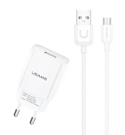 Usams Φορτιστής Τοίχου T21OCMC01 Με Καλώδιο Micro USB USB 2.1A Λευκός